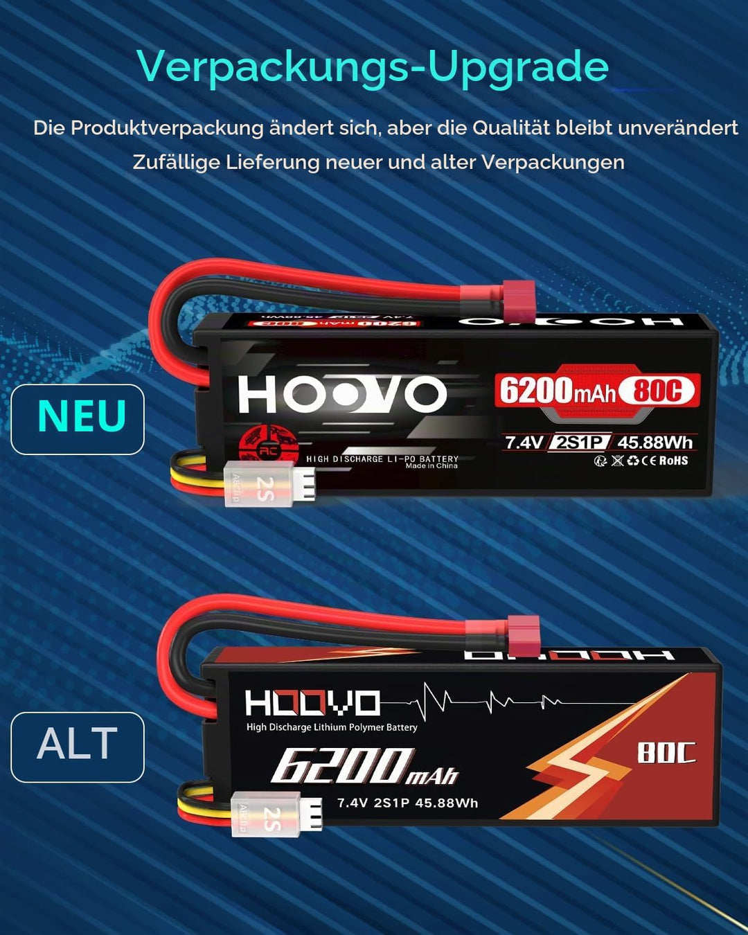 HOOVO 2S Lipo Akku 7,4V 80C 6200mAh RC Batterie mit Deans Stecker Batterie für RC Auto Flugzeug Heli