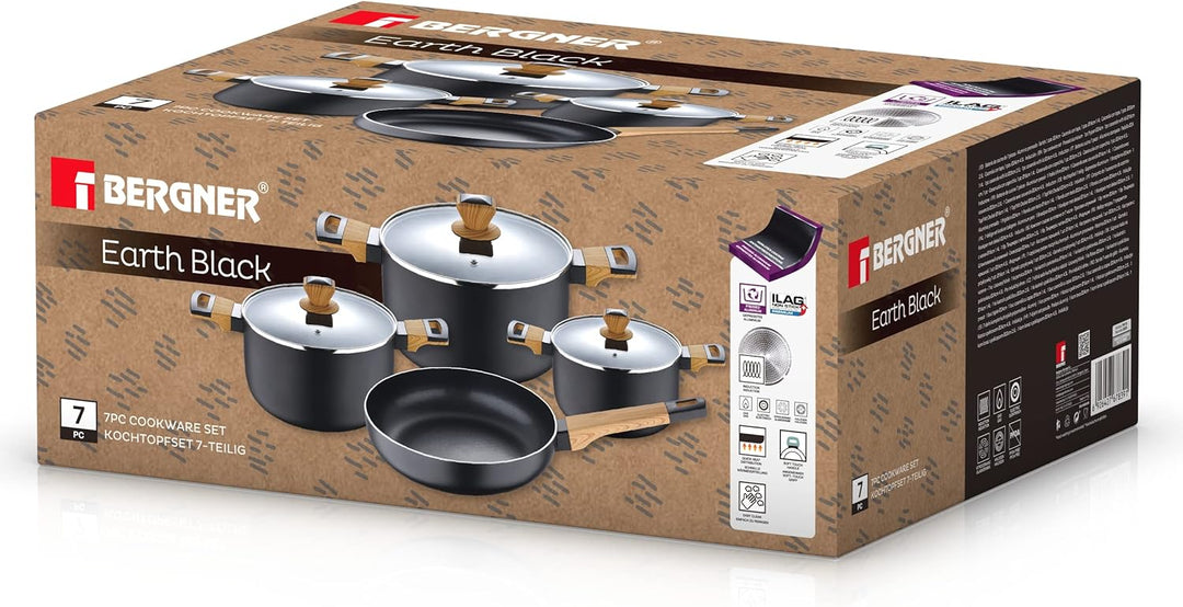 BERGNER EARTH BLACK - 7er-Set Aluminium-Presskochgeschirr - Induktion - ILAG Premium Antihaftbeschic