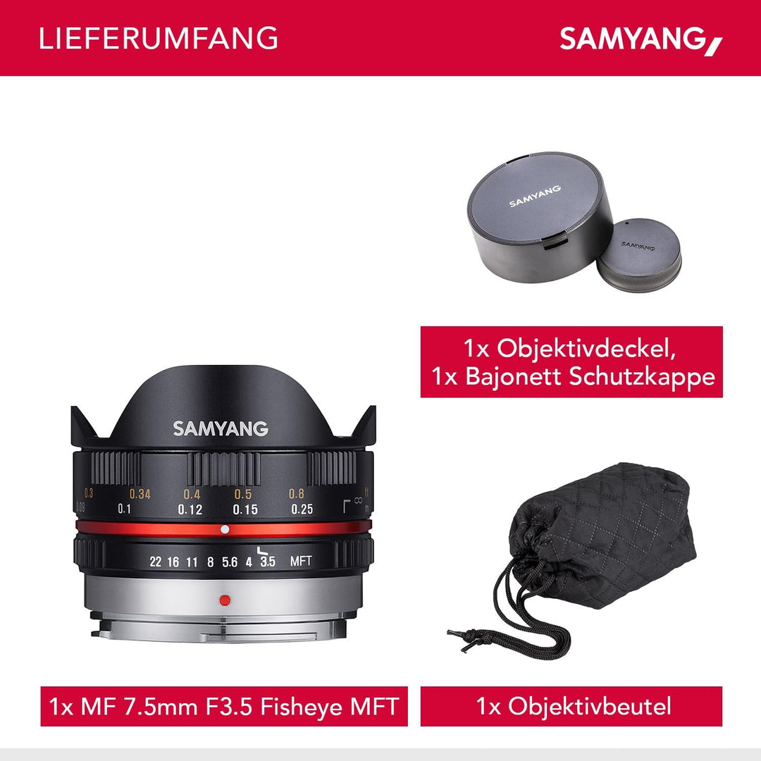 Samyang MF 7,5mm F3,5 Fisheye MFT schwarz - APS-C Sensor, 180° Bildwinkel, ideal für Reportage & eng