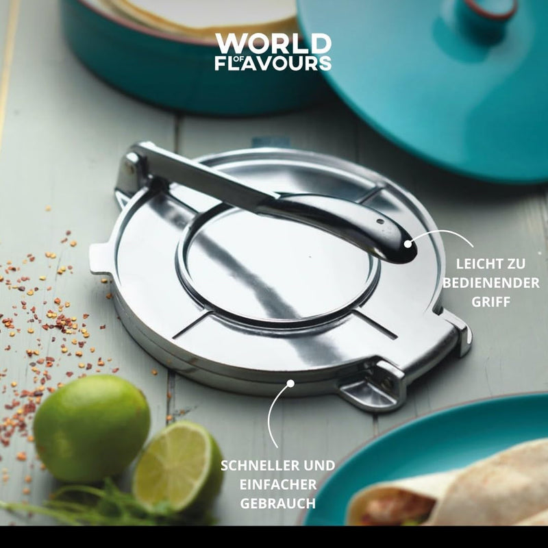 KitchenCraft World of Flavours Mexikanische Tortilla-Presse in Geschenkbox, Aluminium, 20 x 20 x 9