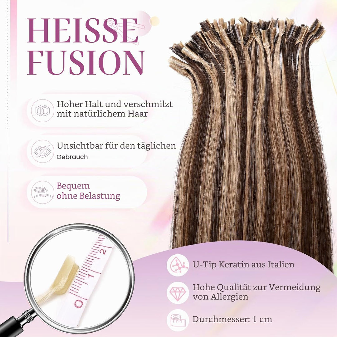 Elailite Echthaar Bonding Extensions Balayage Mittelbraun + Honigblond 25 Strähnen 25g Haarverlänger