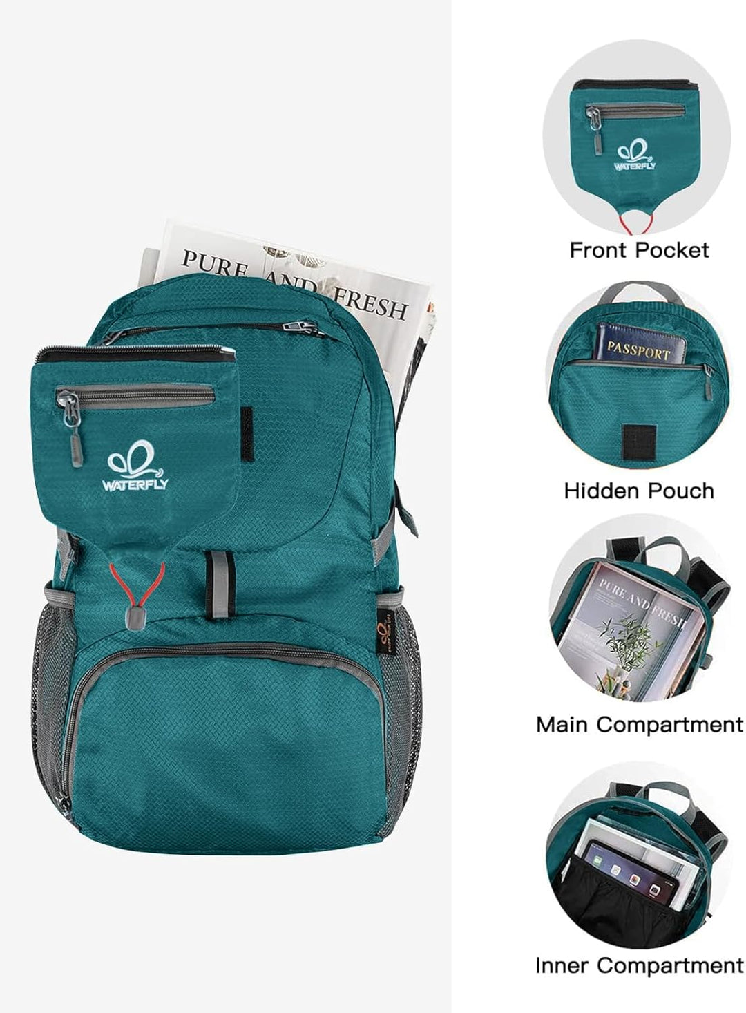 WATERFLY Ultraleicht Faltbar Klein Rucksack: 20L Leicht Packable Wanderrucksack Tagesrucksack Trekki