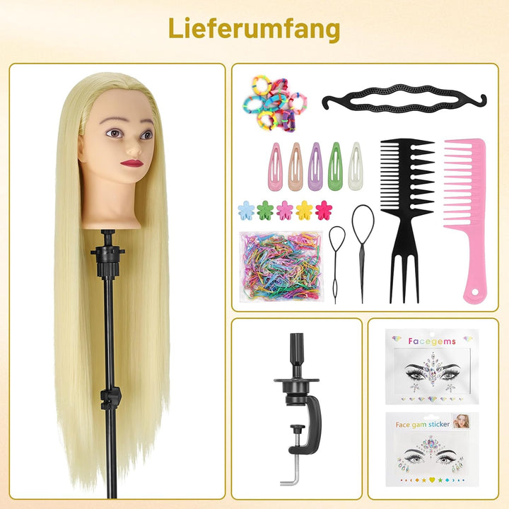 TwoWin 100% Synthetikhaar Frisierkopf mit Ohrlöchern, 71 cm (28 Zoll) Friseurkopf Übungskopf, Traini