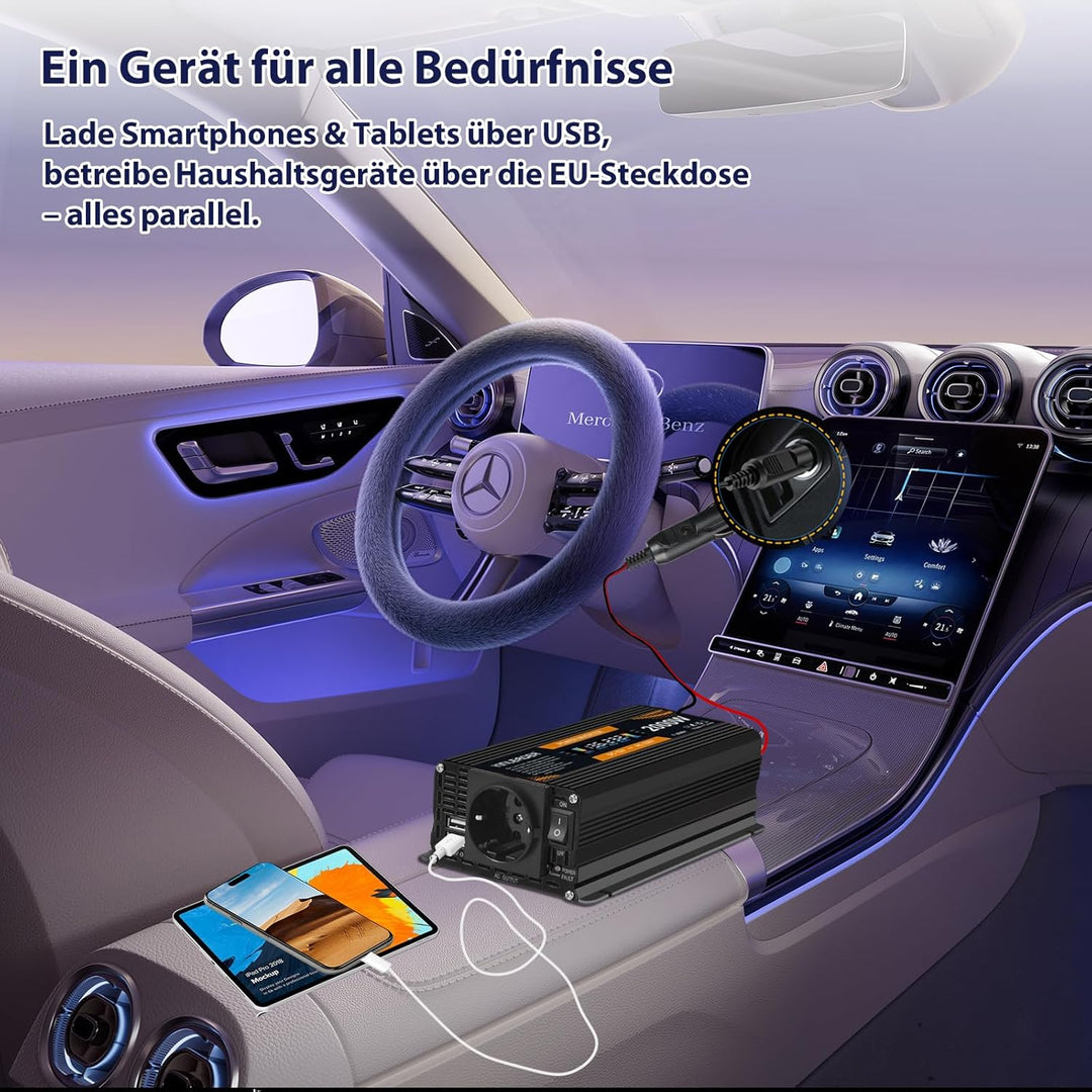 Yinleader Wechselrichter 900W 2000W 12V 230V Spannungswandler LCD mit 1 Steckdose 2 USB Anschlüsse