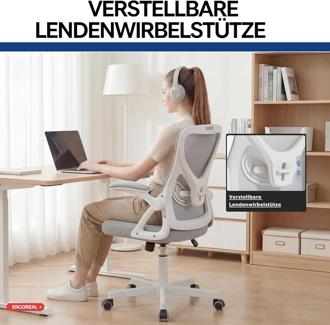 Ergonomischer Bürostuhl, 90-110° Verstellbare Rückenlehne, 90° Aufklappbare Armlehnen & Verstellbare