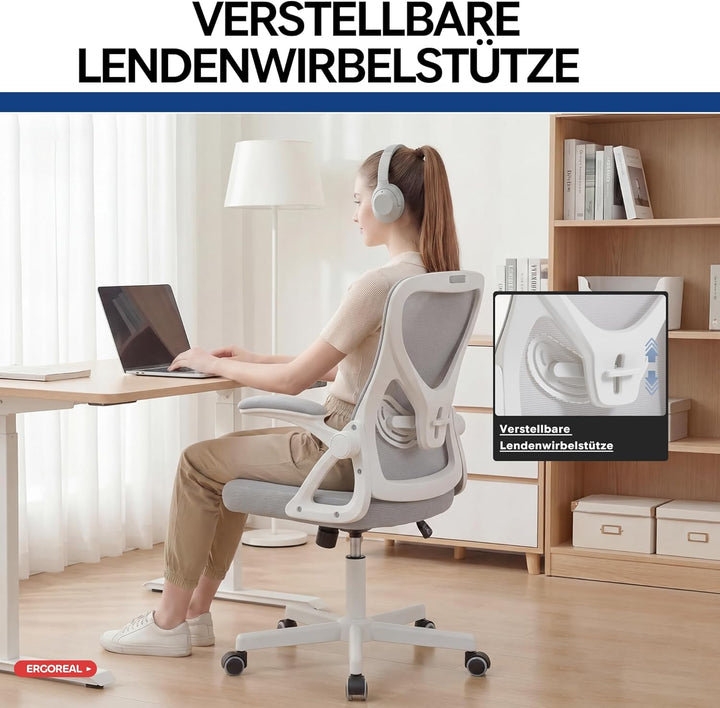Ergonomischer Bürostuhl, 90-110° Verstellbare Rückenlehne, 90° Aufklappbare Armlehnen & Verstellbare