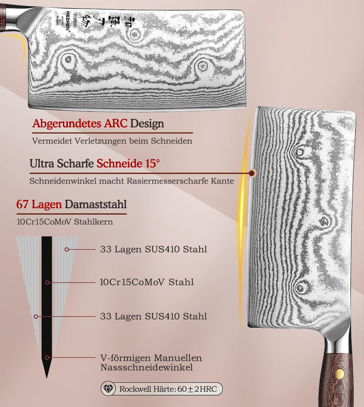 HEZHEN 18cm Hackmesser, Profi Chinesisches Kochmesser, Damaszenerstahl Scharf Küchenmesser, Gemüse F