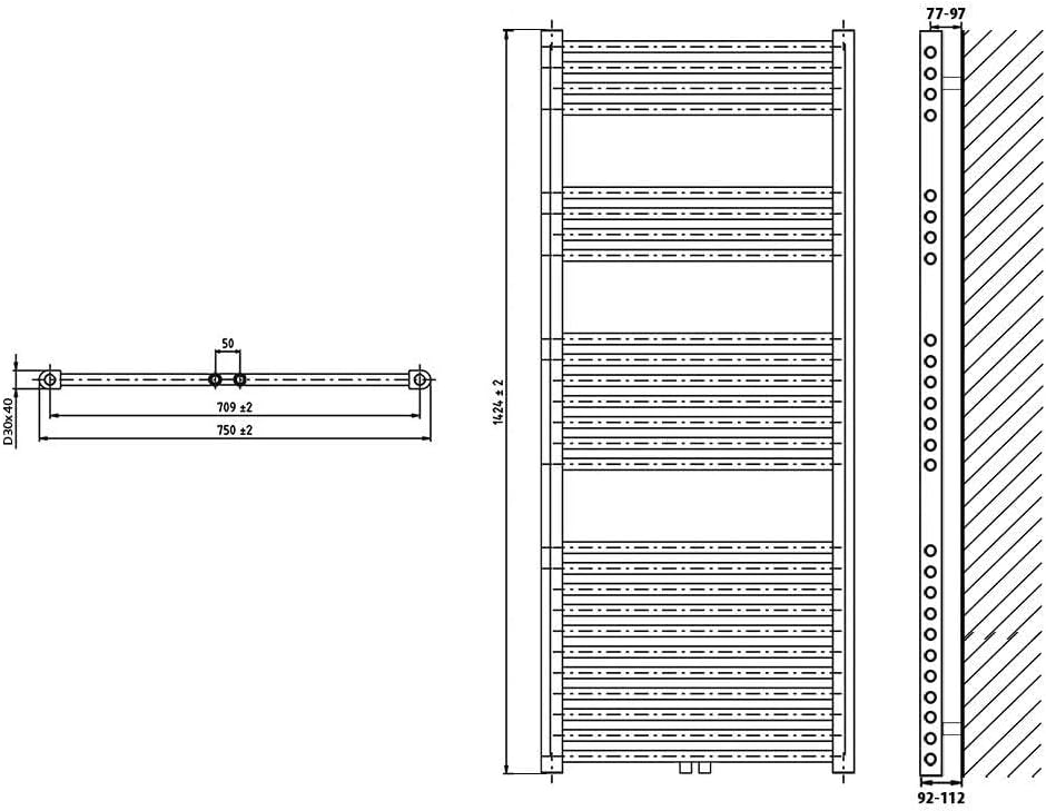 Heizkörper Badheizkörper Handtuchwärmer mit Mittelanschluss 50 mm weiss (1424 x 750 mm) (866 Watt na