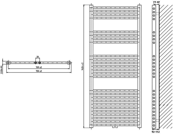 Heizkörper Badheizkörper Handtuchwärmer mit Mittelanschluss 50 mm weiss (1424 x 750 mm) (866 Watt na