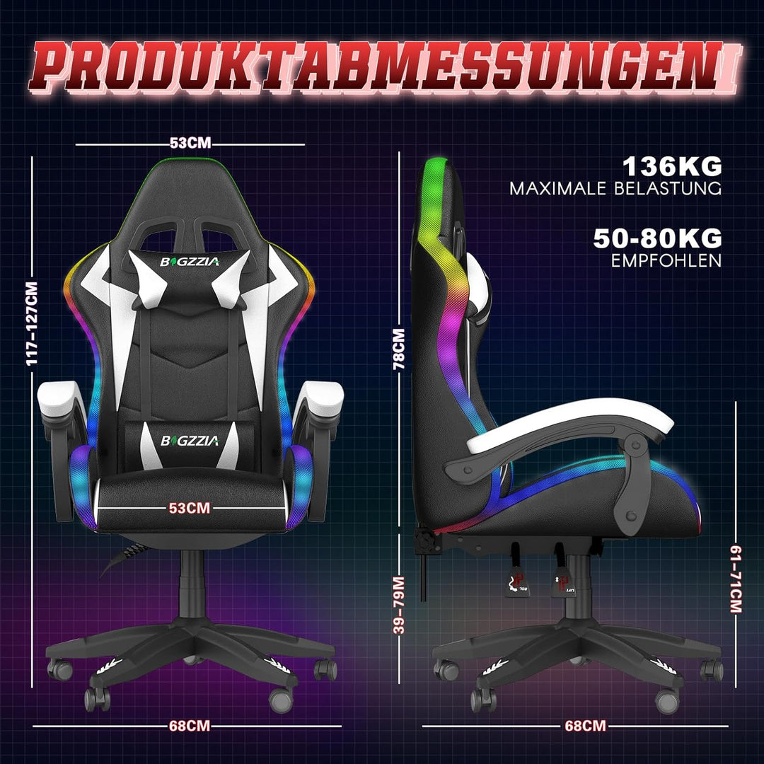 Racingreat LED-Gaming-Stuhl, RGB Gaming Chair mit Farbigen Lichtleisten Kopfstütze Lendenwirbelstütz