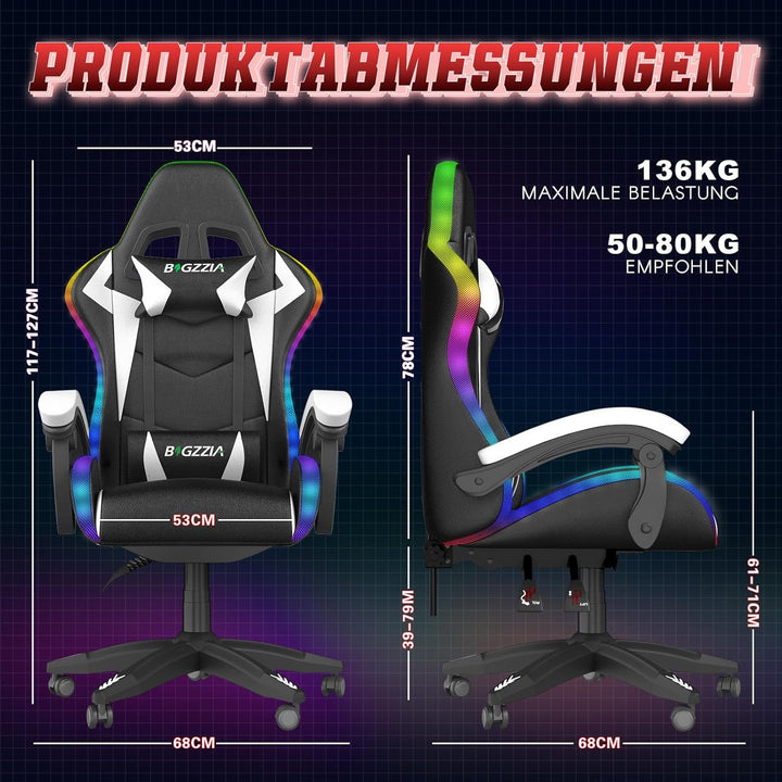 Racingreat LED-Gaming-Stuhl, RGB Gaming Chair mit Farbigen Lichtleisten Kopfstütze Lendenwirbelstütz