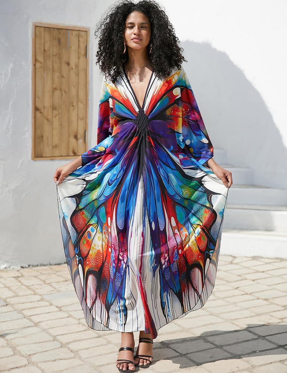 Bsubseach Damen Ethnic Print Kaftan Beach Dress Plus Size Strandkleid Bunter Schmetterling, Bunter S
