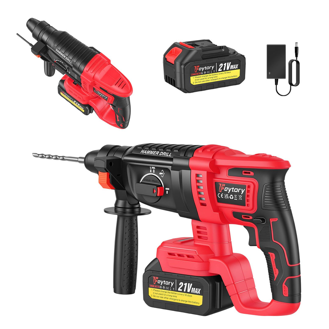 21V Akku Bohrhammer Set mit 2 Batteries & Ladegerät, 0-1000 U/min, 26mm Bohrkapazität, Kabelloser Mu