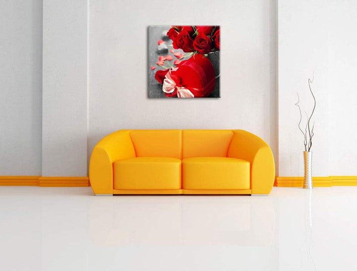 Pixxprint Valentinstag Rosen & Herz als Leinwandbild/Grösse: 70x70 cm/Wandbild/Kunstdruck/fertig bes