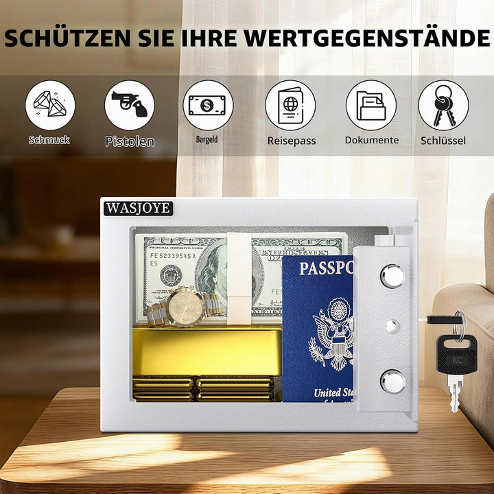 WASJOYE Mini Safe Tresor mit Schlüssel, 17 * 23 * 17cm Mini Tresor mit Schloss für Zuhause/Büro, 6.6