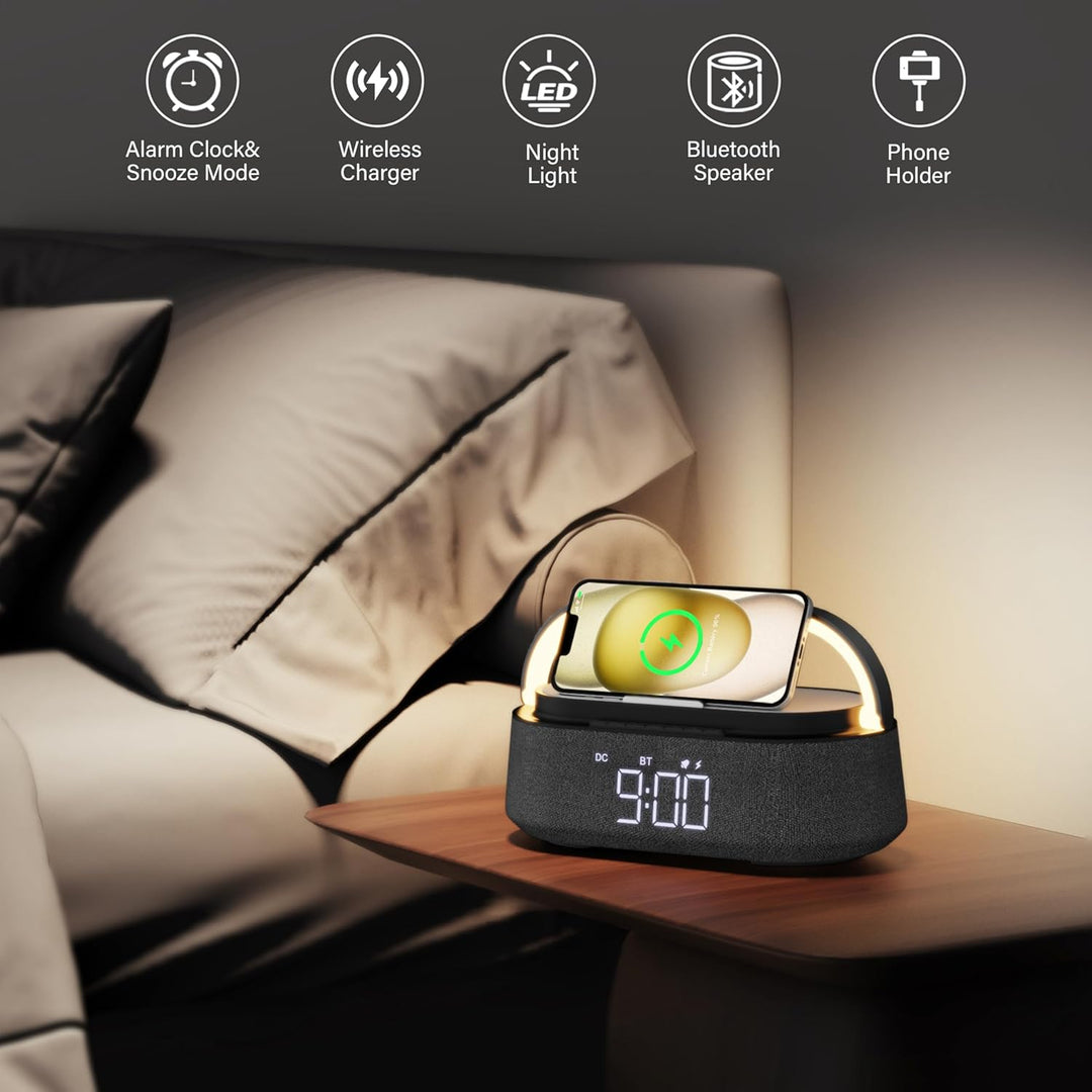 COLSUR Radiowecker Digital mit Wireless Charger, Bluetooth Lautsprecher mit USB-Ladegerät, Smart Wec