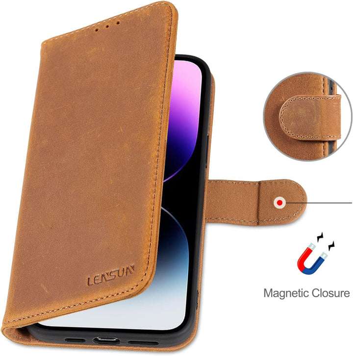LENSUN Echtleder Hülle für iPhone 14 Pro Max, Handyhülle [Echtes Leder][Magnetverschluss][RFID Schut