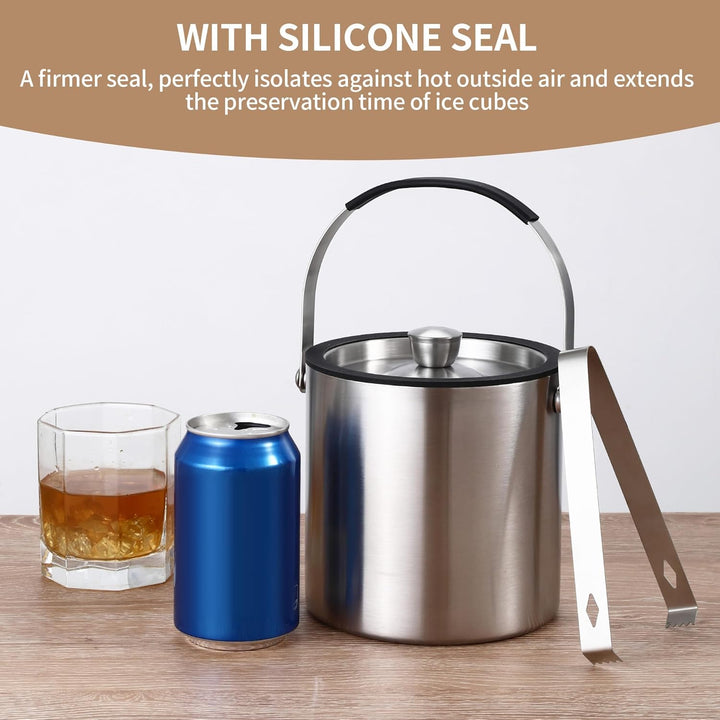 1.6L Eiswürfelbehälter, Eiskübel mit Deckel,Eiswürfelbehälter Edelstahl mit Clips und Sieb, perfekt