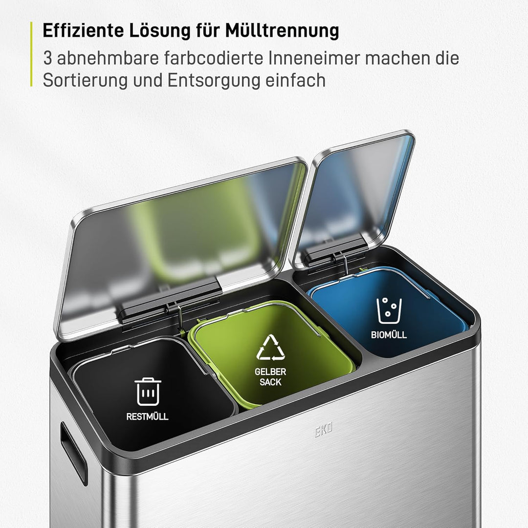 EKO Ecocasa Mülleimer Küche 3 Fächer, 3 x 15 Liter, Abfalleimer mit farbcodierbaren Inneneimern, Tre