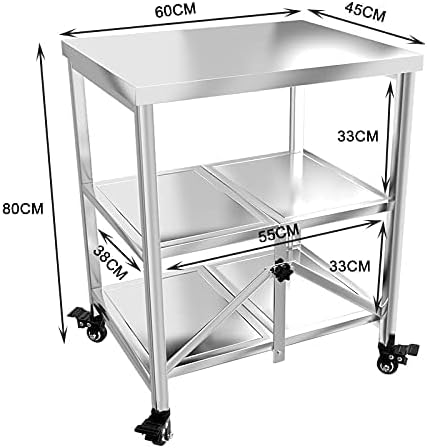 AMSXNOO Arbeitstisch Edelstahl, 3 Ebenen Faltbar Servierwagen Edelstahl Rollwagen Küchentisch mit 4