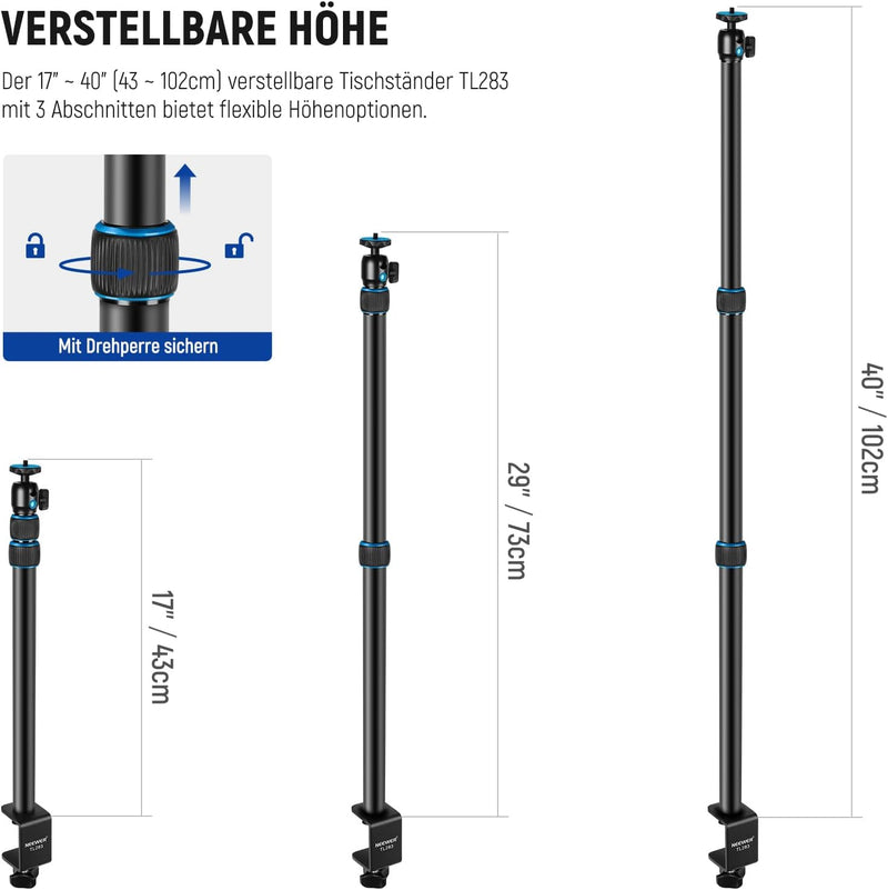 NEEWER Kameratischhalterung mit Kugelkopf, 17-40" verstellbares Tischlichtstativ mit 1/4" Schraube u