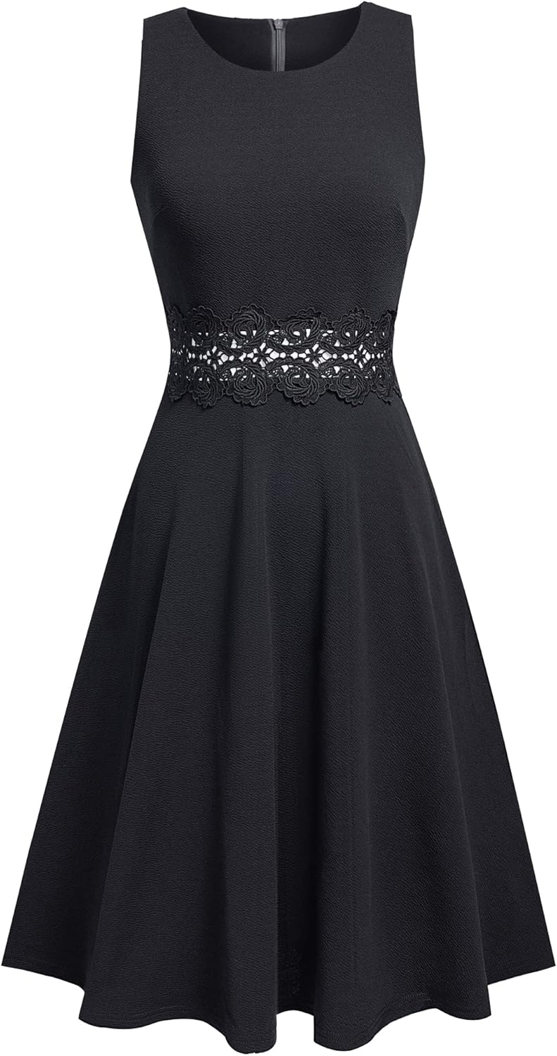 HOMEYEE Damen Vintage Rundhalsausschnitt Blumen Bestickt Knielang Elegant Cocktailkleid UKA079 L Sch