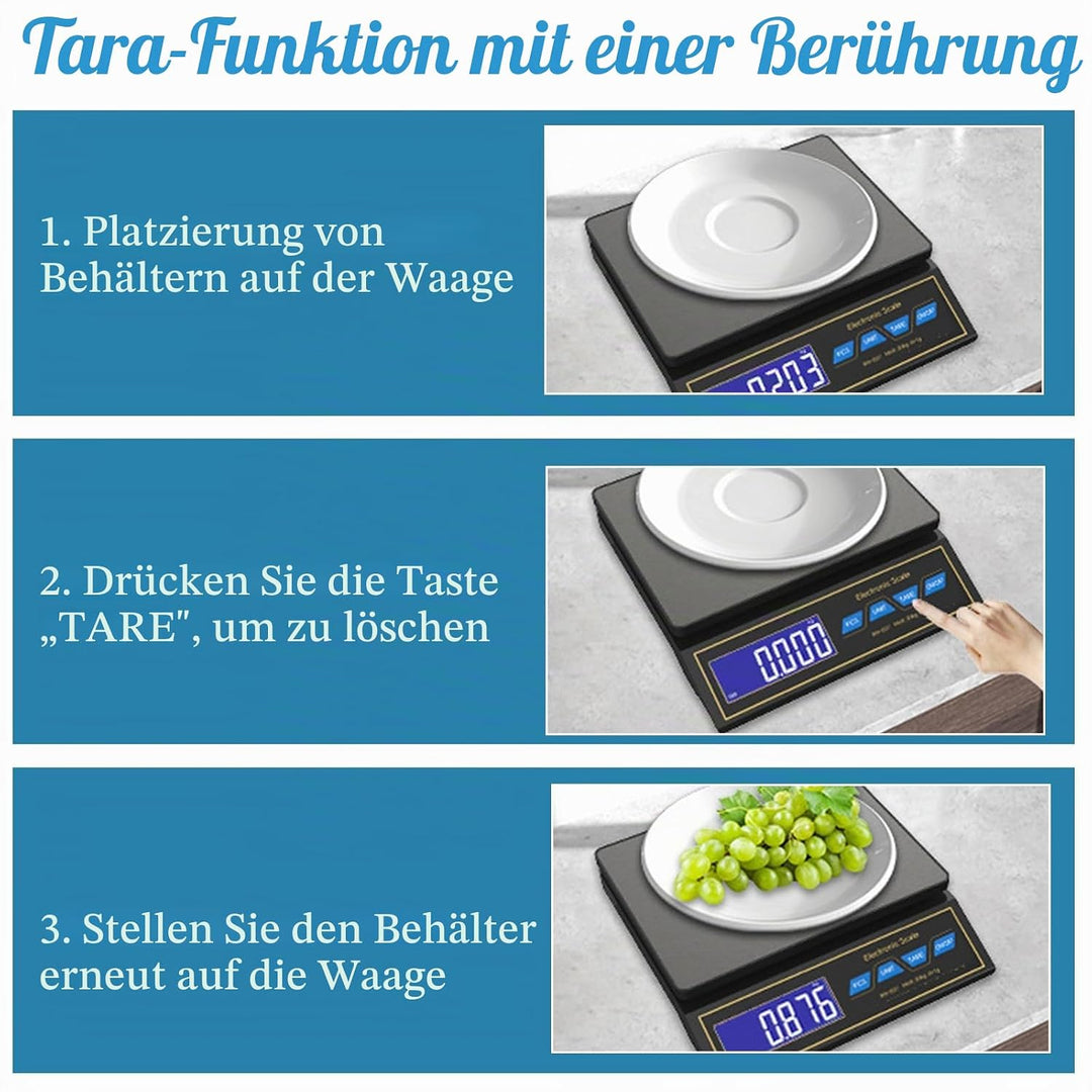 Waage Küchenwaage, Edelstahl Digitalwaage 30kg/66lb mit 9 Masseinheit, PCS Zähl, Auto Shutdown, Tara