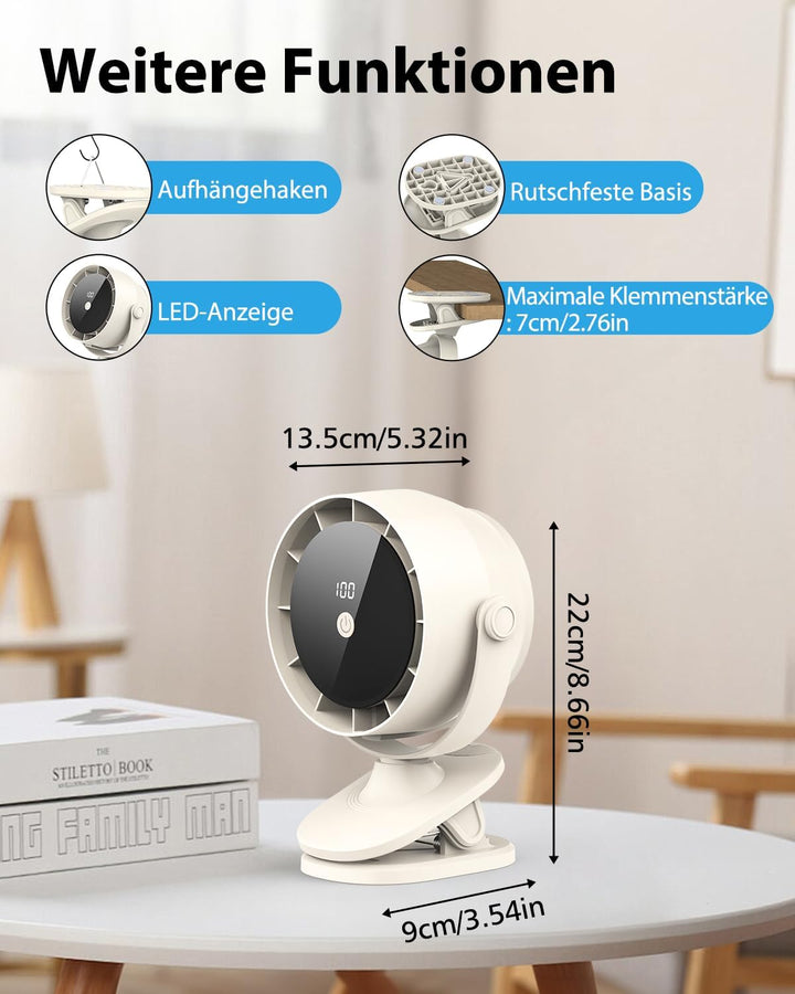 Tragbarer USB Tischventilator mit Akku, 100 Stufen, 360° Drehen & Kippen, Digitalanzeige, Mit Klemme