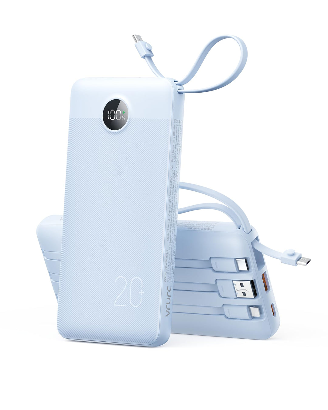 VRURC Powerbank 20000mAh mit Kabel USB C Power Bank Schnelles Aufladen 22.5W Tragbares Ladegerät Fas