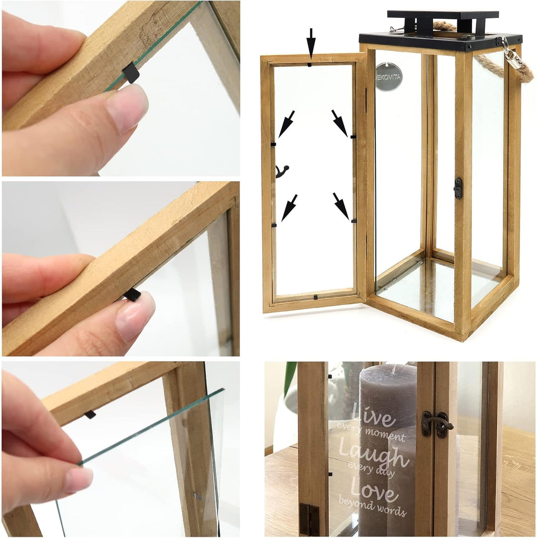 Dekovita 42cm Holz-Laterne - Gartenlaterne mit Glas-Scheiben und Kordel-Henkel - Windlicht Deko-Late