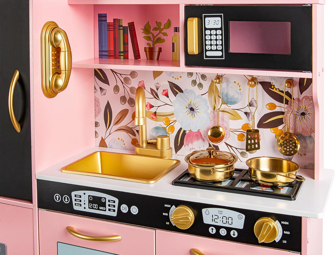Leomark Kinderküche aus Holz Memo Rosa Spielküche mit goldenen Accessoires Holzküche für Kinder Spie