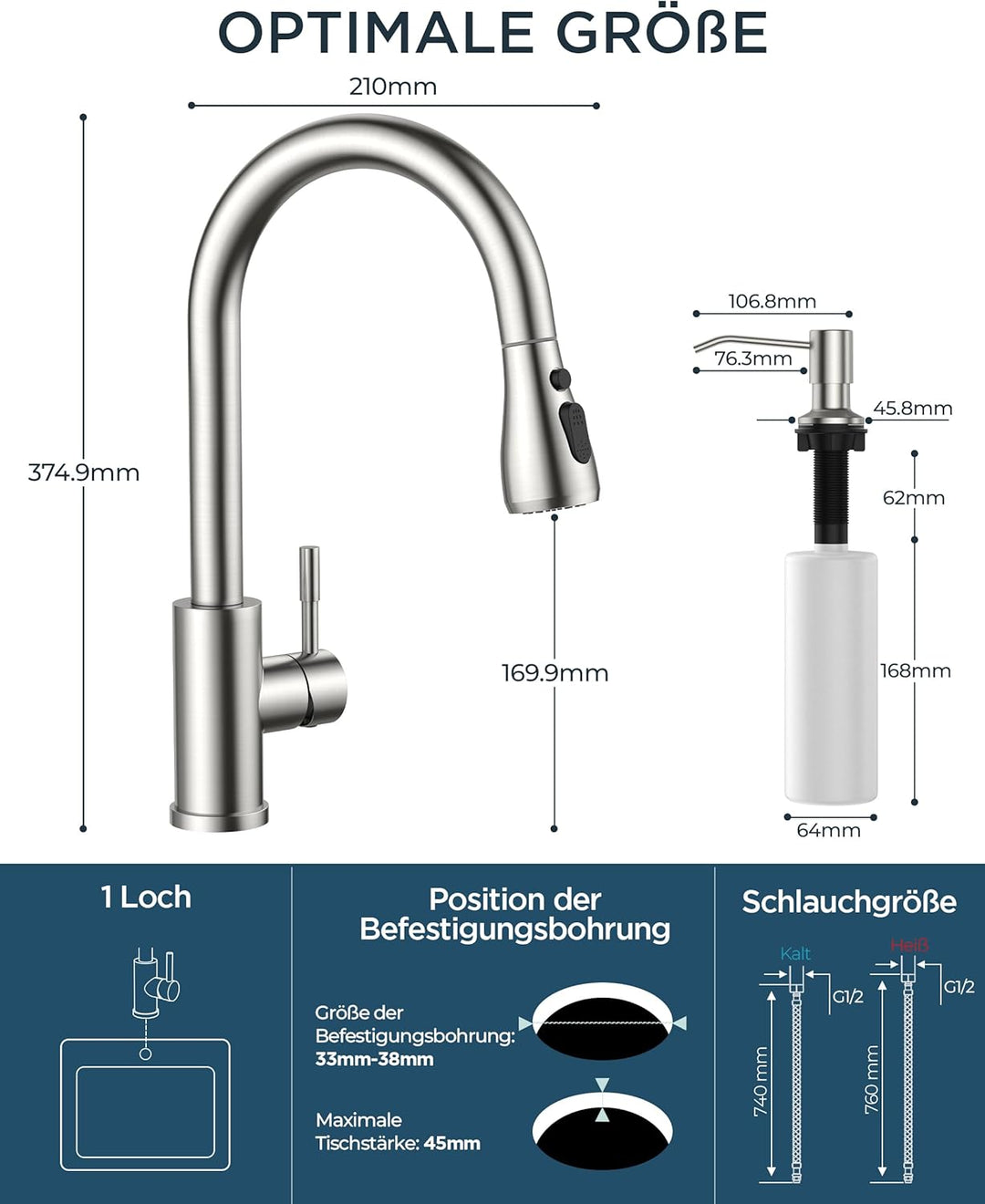 FORIOUS Küchenarmatur mit Seifenspender, ausziehbarer Wasserhahn Küche mit 2 Strahlarten, Einhebelmi