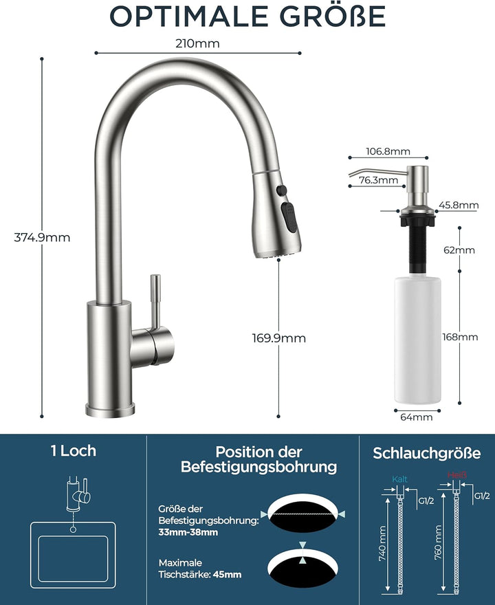 FORIOUS Küchenarmatur mit Seifenspender, ausziehbarer Wasserhahn Küche mit 2 Strahlarten, Einhebelmi