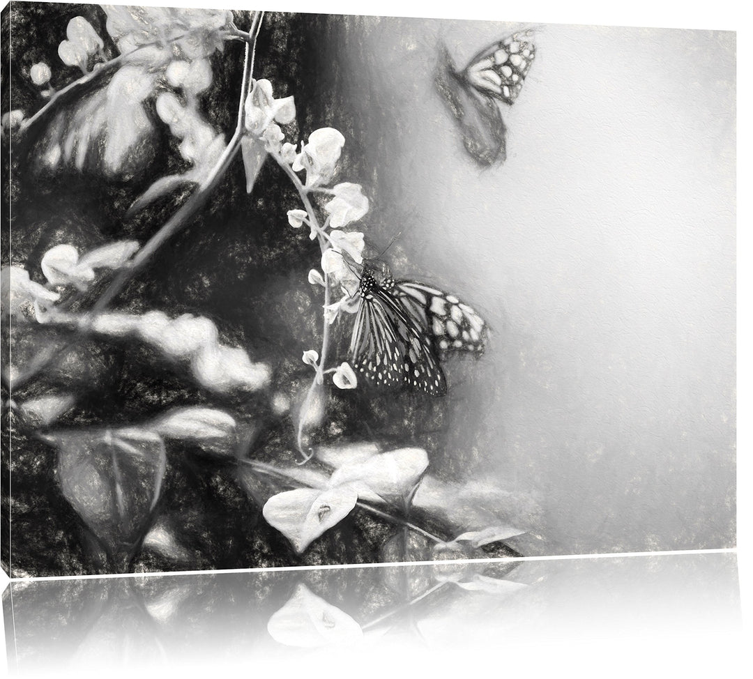 Pixxprint Schmetterlinge auf Blumen als Leinwandbild/Grösse: 100x70 cm/Wandbild/Kunstdruck/fertig be