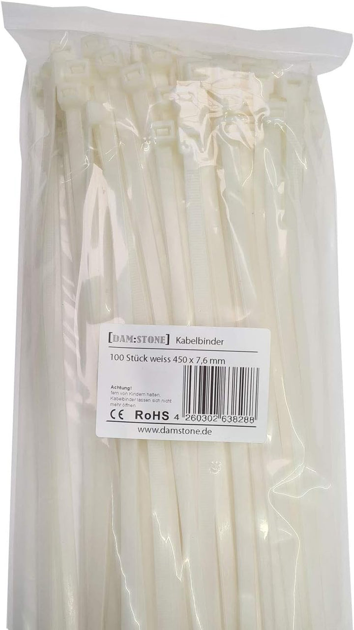 100 Stück Profi Kabelbinder weiss Industriequalität 450 mm x 7,6 mm 54,4 kg Zugkraft Nylon cable tie