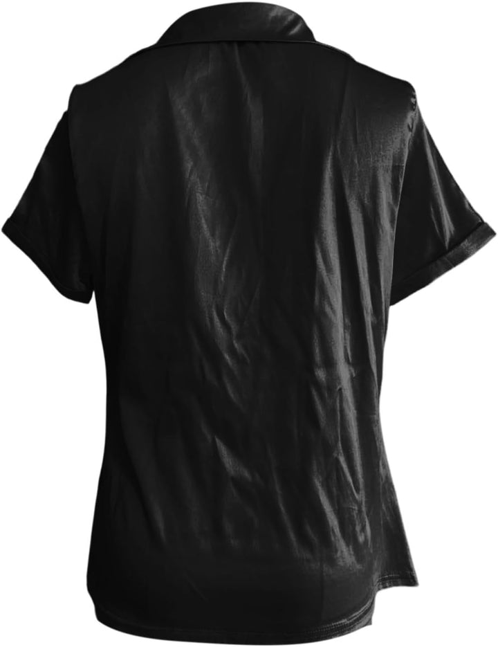 Bluse Damen Elegant Stretch Satin Seide V-Ausschnitt Hemdbluse Kurzarm Business Oberteile Festliche