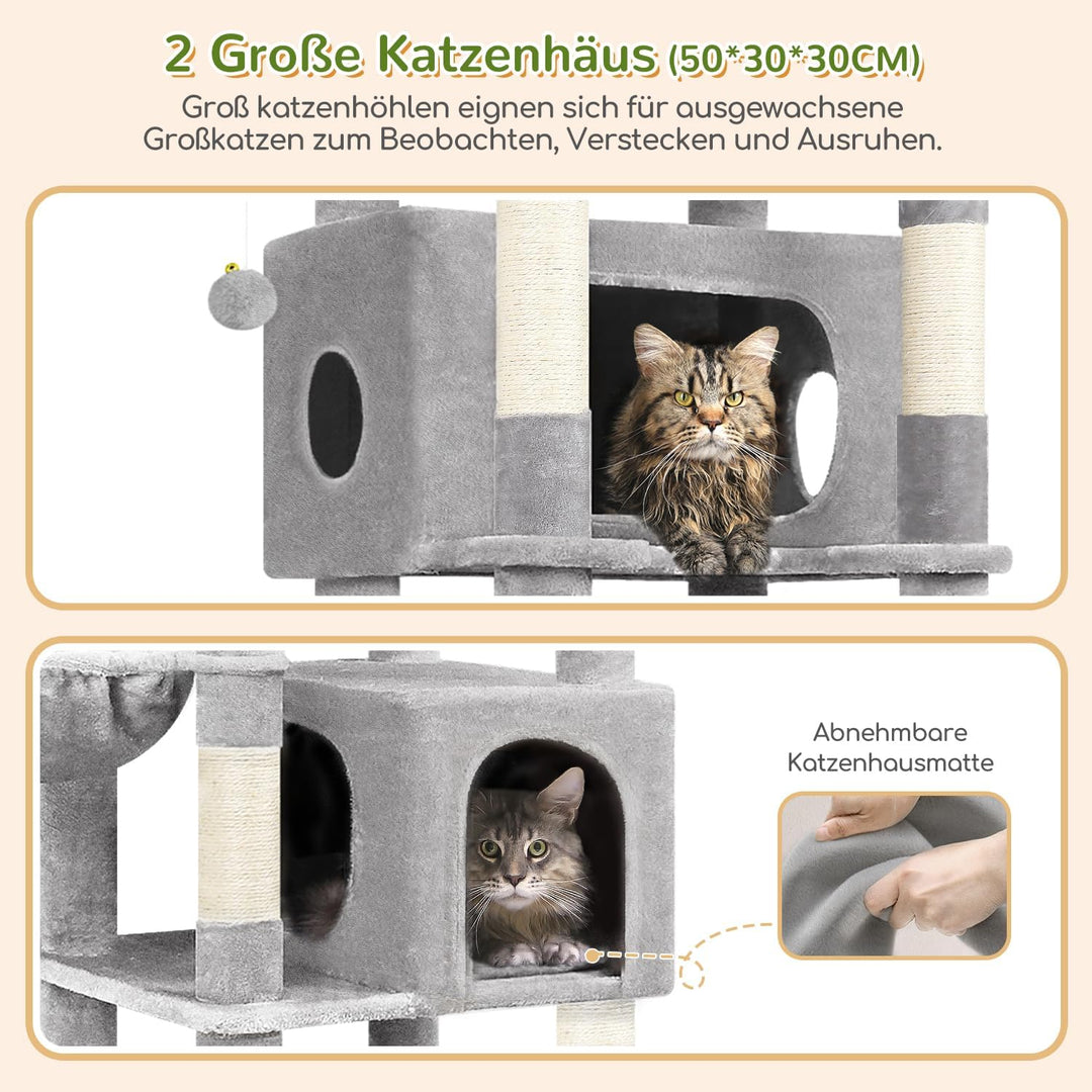 Globlazer Kratzbaum Grosse hoch 188 cm mit 2 Grosser Katzenhaus, Gepolsterte Plattform, 2 Katzenkorb