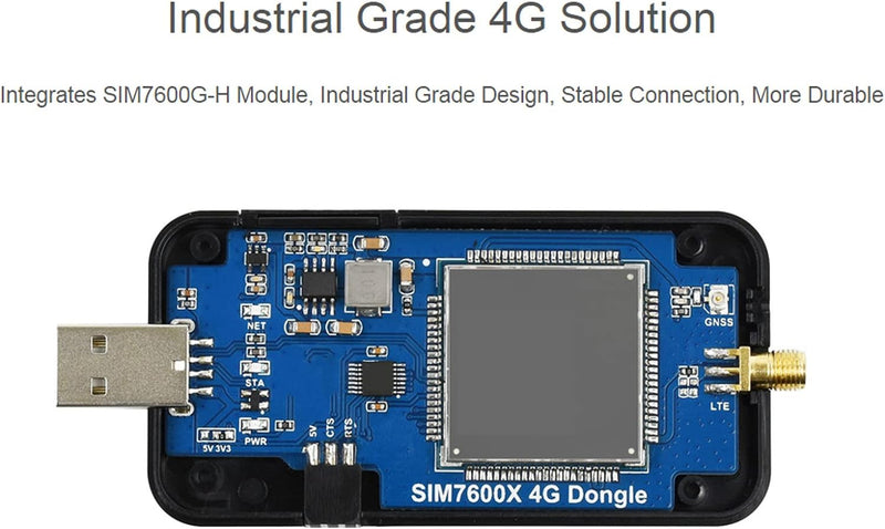 SIM7600G-H 4G-DONGLE mit Antenne, Unterstützt 2G/3G/4G-Netzwerk, USB/UART-Kommunikation, 150 Mbit/s