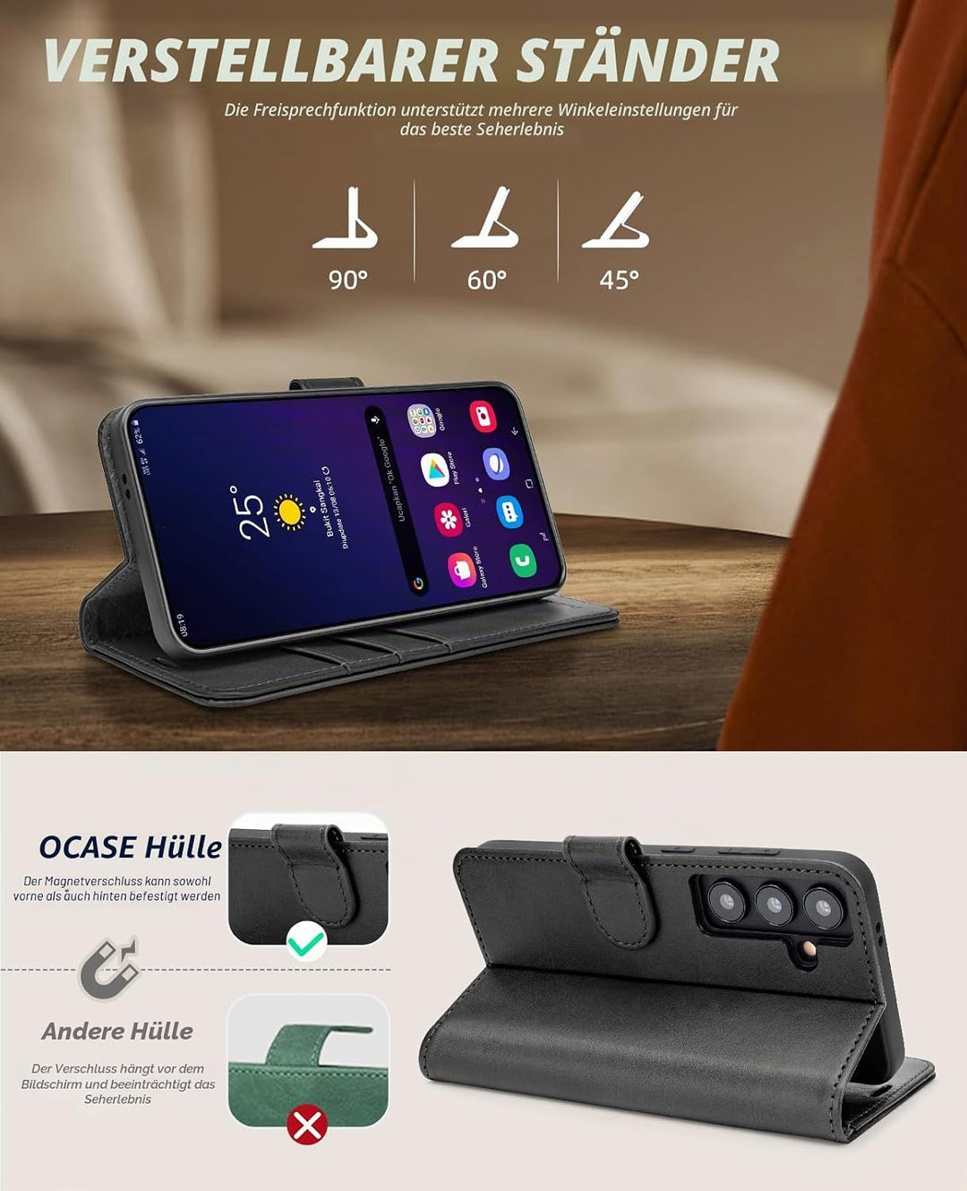 OCASE Handyhülle für Samsung Galaxy S24 5G Hülle Premium Leder Flip Klappbare Klapphülle Stossfeste