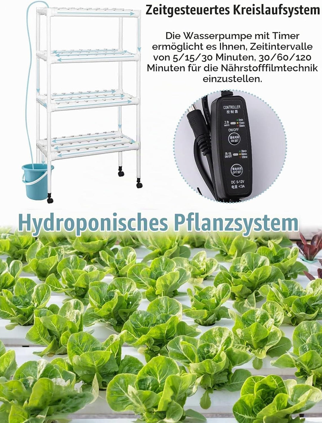 Kalolary Hydroponic Site Grow Kit, 108 Standorte 12 Rohre Hydroponisches System mit Wasserpumpe 4 Sc