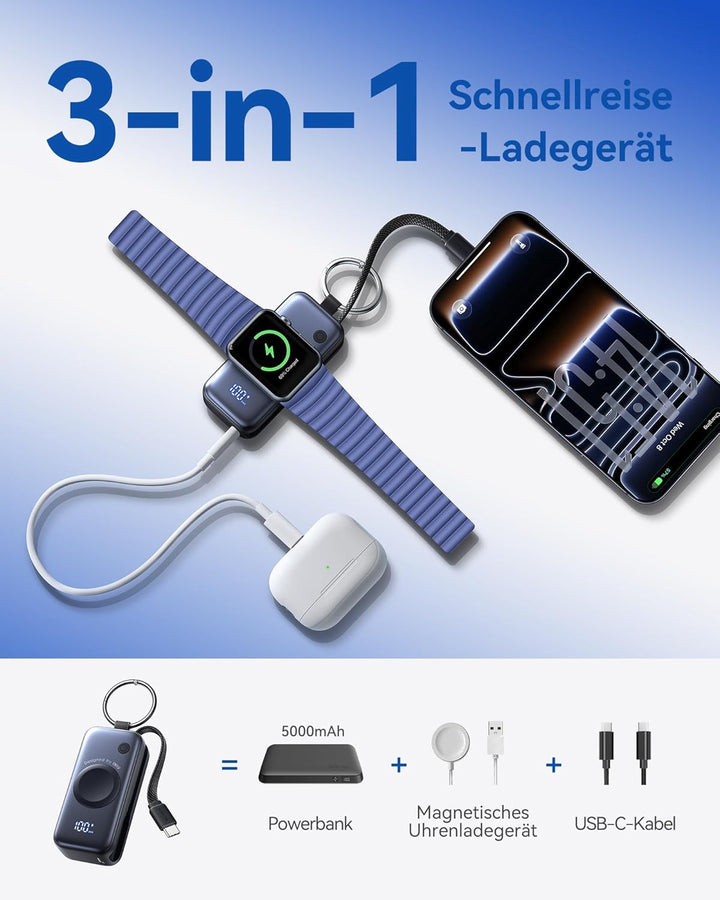 INIU Power Bank, 5000mAh 20W PD mini Powerbank mit Integriertes USB-C Kabel, Zubehör für Apple Watch