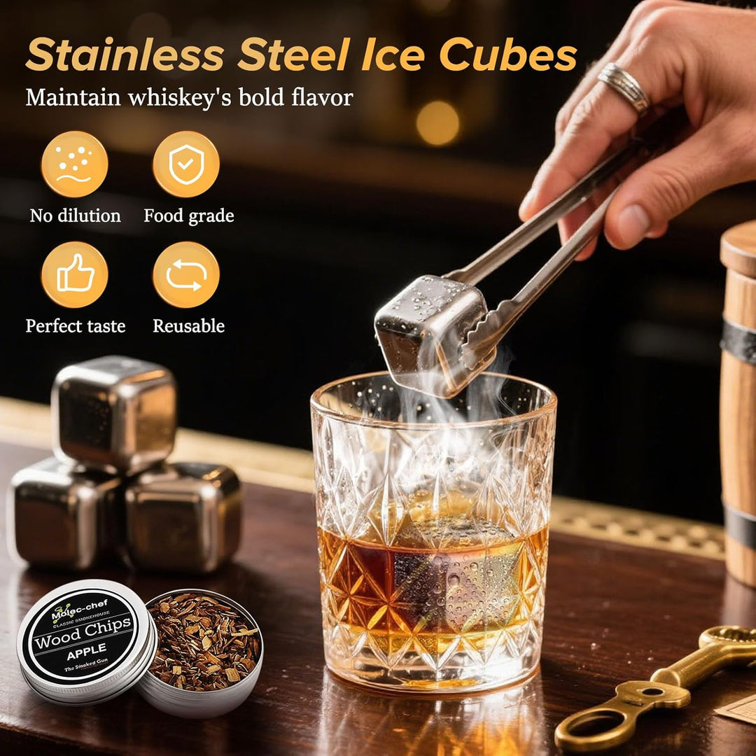 Whisky Smoker Set, whiskey smoker, 8 Holzchips, 3 Edelstahl-Whiskysteinen, Bar Zubehör, Geschenk für