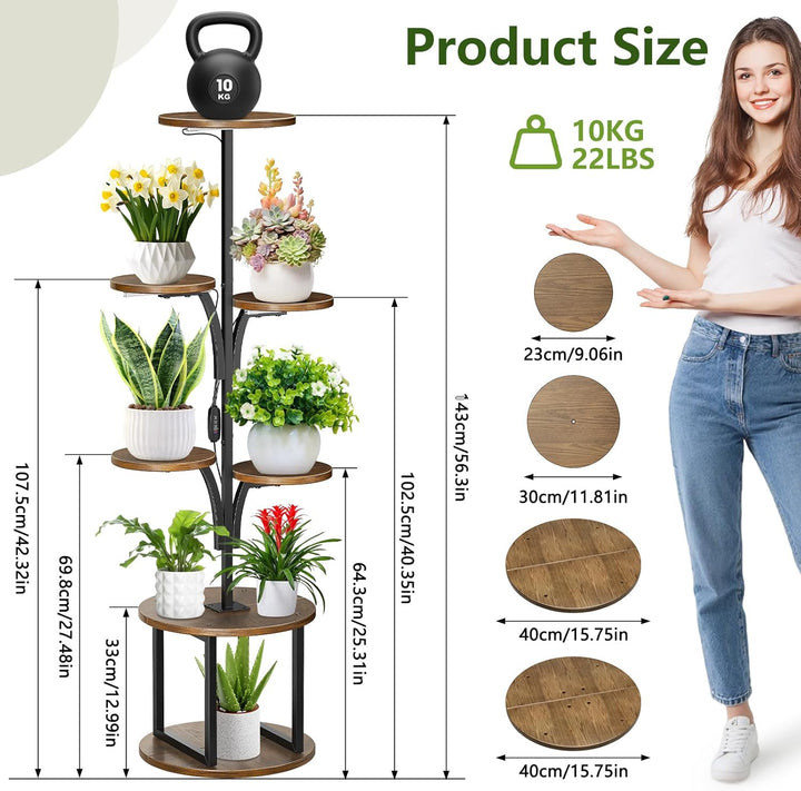 Pflanzenständer mit Wachstumslicht 7 Ebenen, Blumenständer Holz Metall für Innen & Balkon, Pflanzenr