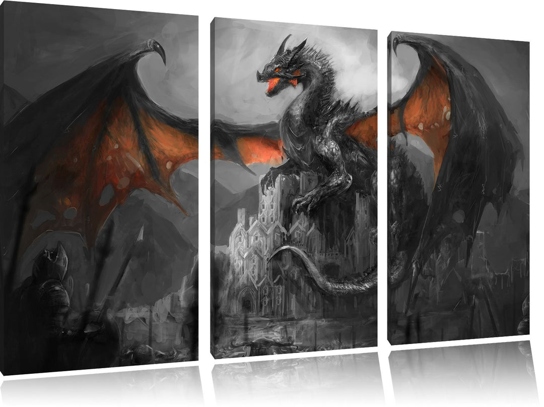 Pixxprint Drache schützend über Burg als Leinwandbild/Grösse: 3 Teilig (120x80 cm) cm/Wandbild/Kunst