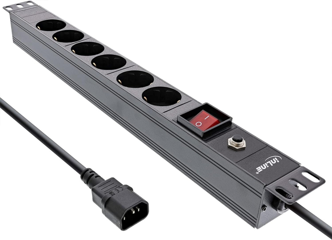 InLine® 19" Steckdosenleiste, 6-Fach Schutzkontakt, C14 Anschluss, Überlastschutz, Schalter, 2m, sch
