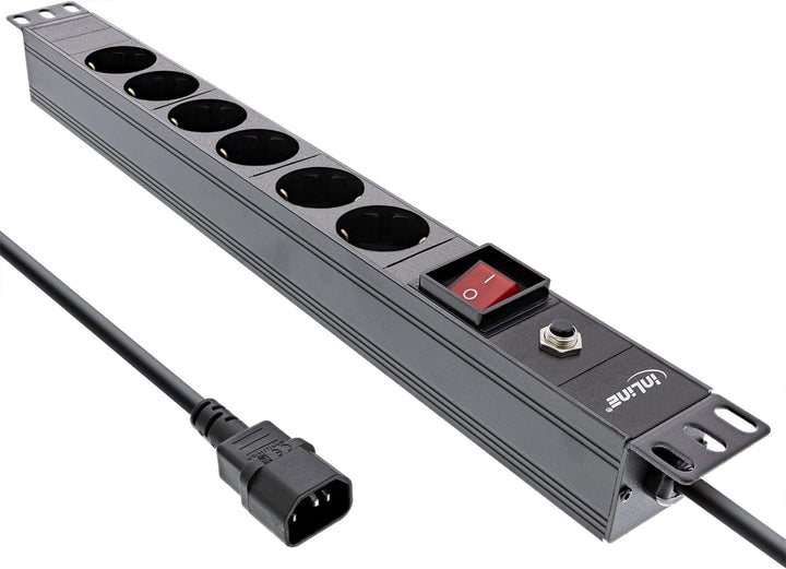 InLine® 19" Steckdosenleiste, 6-Fach Schutzkontakt, C14 Anschluss, Überlastschutz, Schalter, 2m, sch