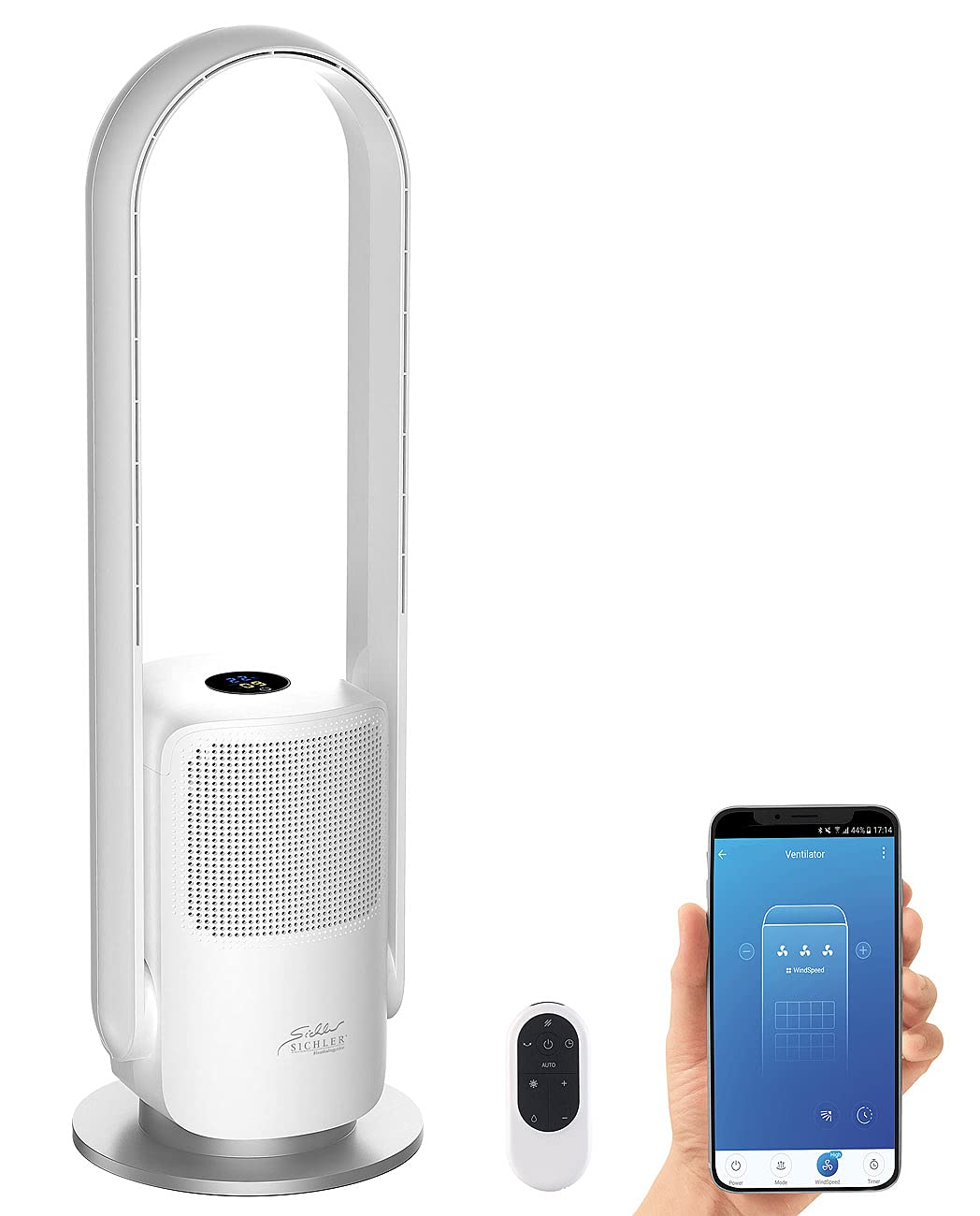 Sichler Haushaltsgeräte Turmventilator: Rotorloser 2in1-360°-Ventilator & Luftreiniger, WLAN, App, H