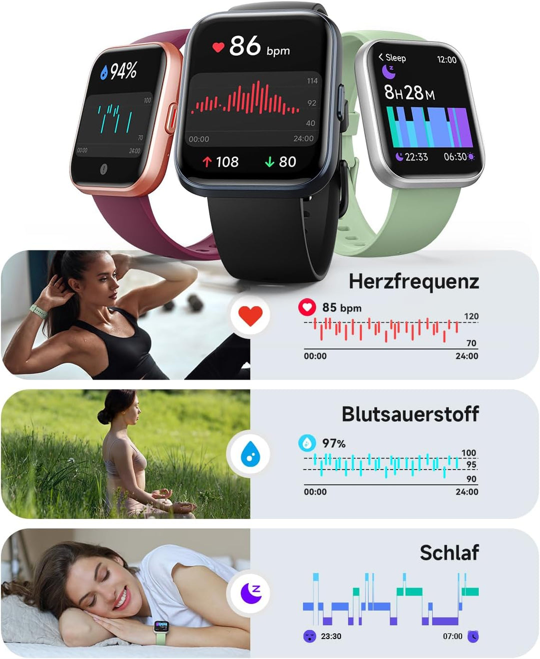 Smartwatch Herren Damen, 1,8" AMOLED-Display Smart Watch mit Telefonfunktion Alexa, Fitnessuhr mit H