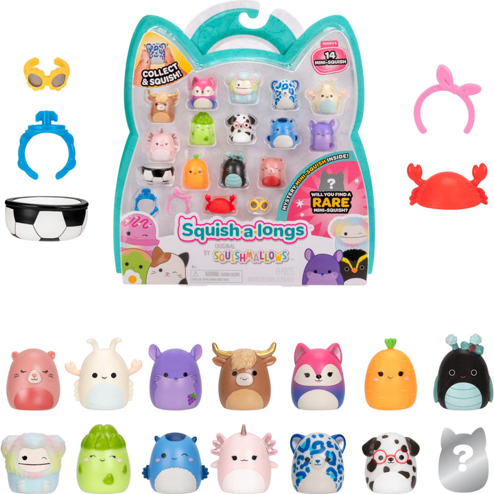 Squish-a-longs SQAL0270-14er Pack, enthält 14x 2,5 cm Mini-Squish mit 4X Accessoires, 1x Ring und 1x