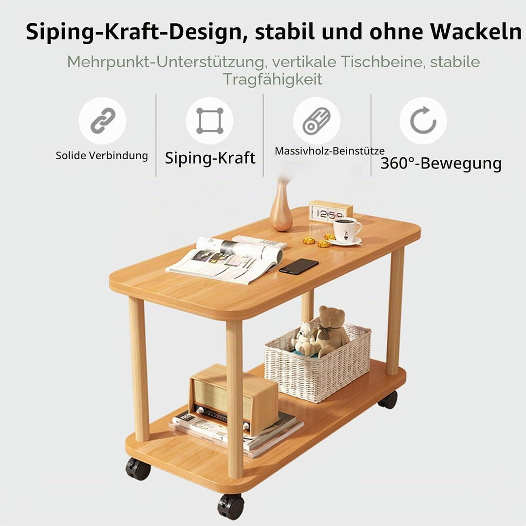 HshDUti Beistelltisch mit Rollen, 2-stöckiger schmaler Nachttisch, Holz-Beistelltisch, kleine Nachtt